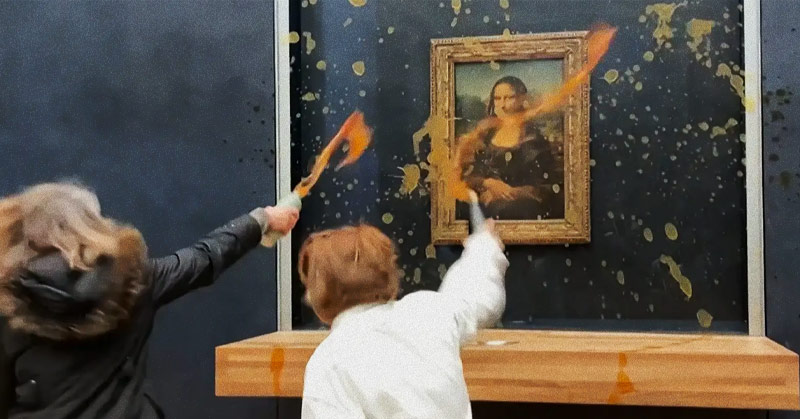 video shows food sustainability activists throwing soup at the mona lisa thumbnail